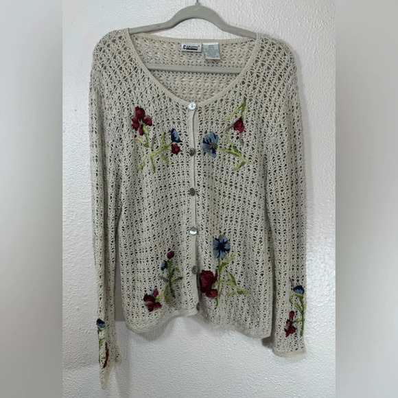 Capacity Linen Blend Crochet Open Knit Beige Floral Embroidered Cardigan Women M - Picture 1 of 12
